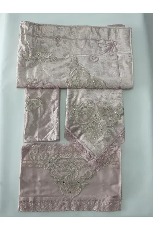 Kadife Seccade Seti 4 Parça Çeyizlik Kadife Seccade Takımı 4'lü-Pudra - ÇALIŞKAN ÇEYIZ EVI