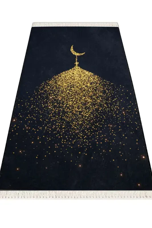Kadife Seccade Yıkanabilir Çeyizlik Hediyelik Namazlık Katlanabilir (70X120CM)-Gold Siyah - 3
