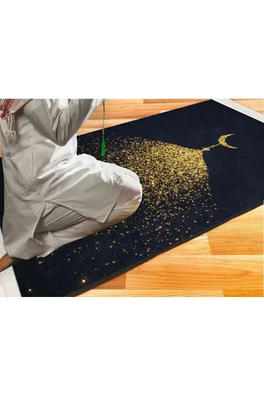 Kadife Seccade Yıkanabilir Çeyizlik Hediyelik Namazlık Katlanabilir (70X120CM)-Gold Siyah - 4