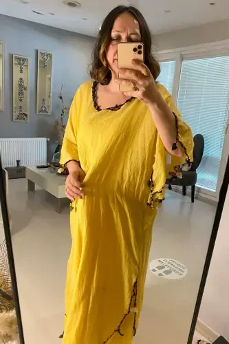 Kadın %100 Pamuk Yazlık Tülbent Elbise Hardal Sarı GLS16 - 3