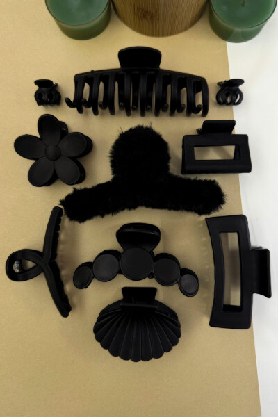 Kadın 10'lu Siyah Karışık Peluş Model Mandal Saç Tokası - BLACKK - PREGIO