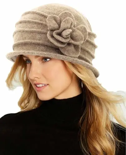 Womens 1920s Vintage Upturn Brim Wool Blend Cloche Church Hat Winter Felt Bucket Bowler Hat Crushable Foldable 