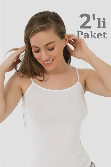 Kadın 2'li Paket Beyaz Bambu İp Askılı Atlet - 10