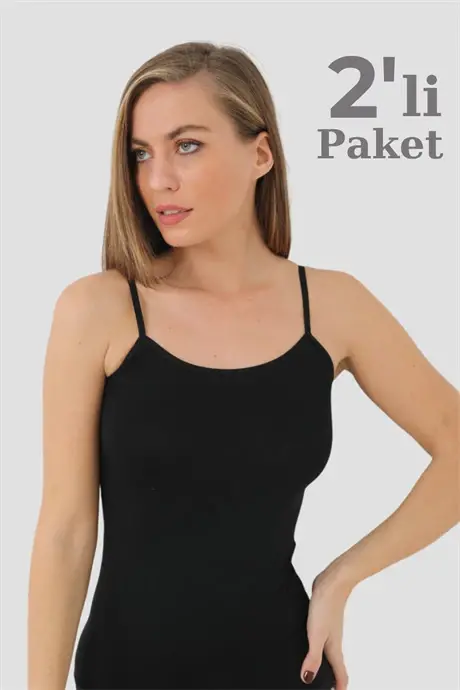Kadın 2'li Paket Siyah Bambu İp Askılı Atlet - BÜYÜKBEDENIZ