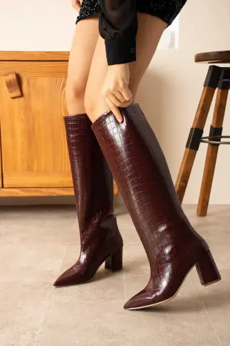 Kadın 5 Cm Topuklu Siyah Kroko - Bordo 7 cm. - EXELLO (1)