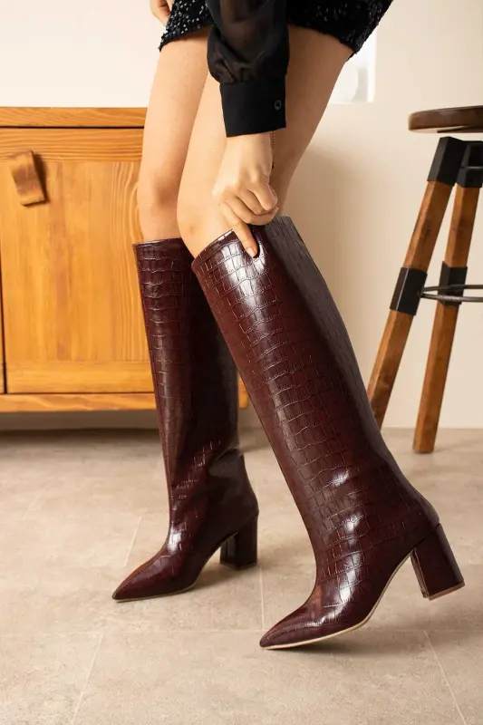 Kadın 5 Cm Topuklu Siyah Kroko - Bordo 7 cm. - 2