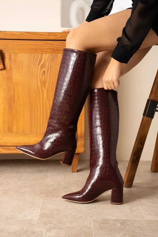 Kadın 5 Cm Topuklu Siyah Kroko-Bordo 7 cm. - 4