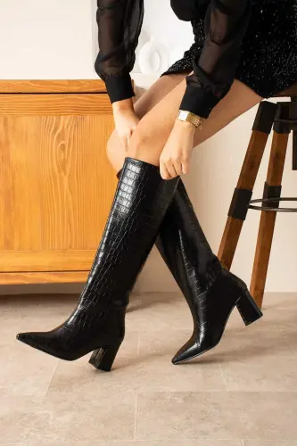 Kadın 5 Cm Topuklu Siyah Kroko-Siyah 7 cm. - 3