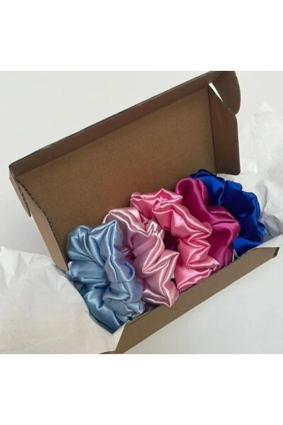 Kadın 5'li Renkli Saten Karışık Saç Lastik Toka Set of 5 Colorful Women's Satin Hair Elastic Ties-BORDO - 4