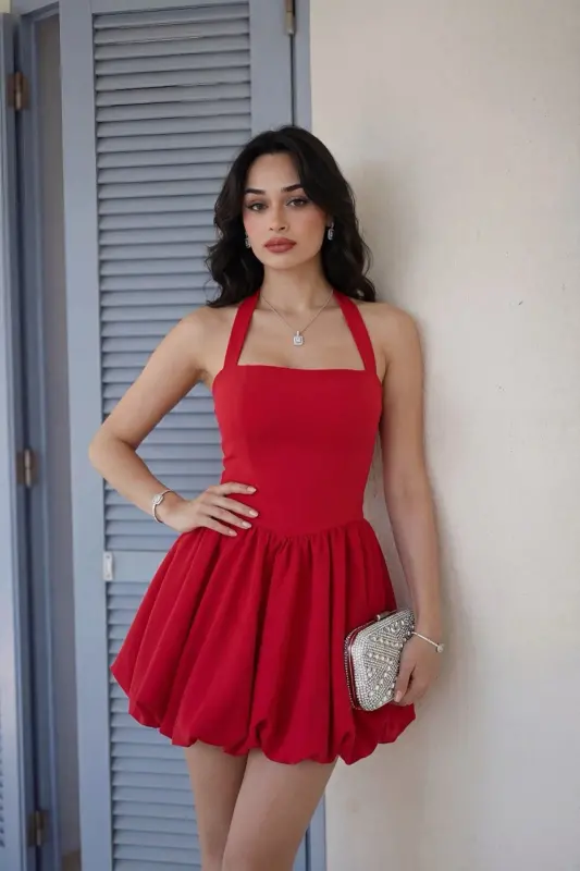 Kadın Abiye Fırfır Etekli Boyundan Askılı Mini Elbise - Abiye & Mezuniyet Elbisesi - Kırmızı - ALFUDO MODA COLLECTION