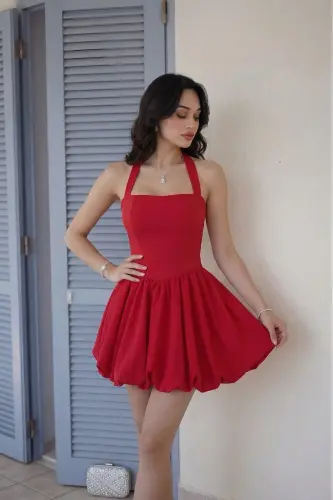 Kadın Abiye Fırfır Etekli Boyundan Askılı Mini Elbise - Abiye & Mezuniyet Elbisesi-Kırmızı - 2