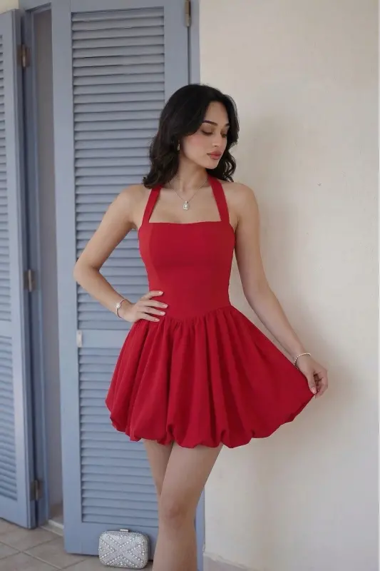 Kadın Abiye Fırfır Etekli Boyundan Askılı Mini Elbise - Abiye & Mezuniyet Elbisesi-Kırmızı - 2