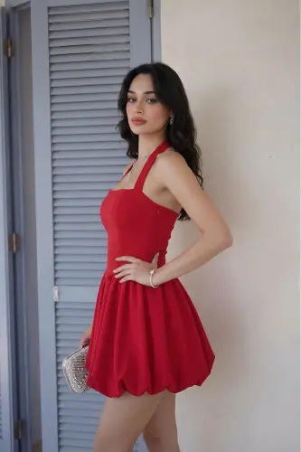 Kadın Abiye Fırfır Etekli Boyundan Askılı Mini Elbise - Abiye & Mezuniyet Elbisesi-Kırmızı - 3
