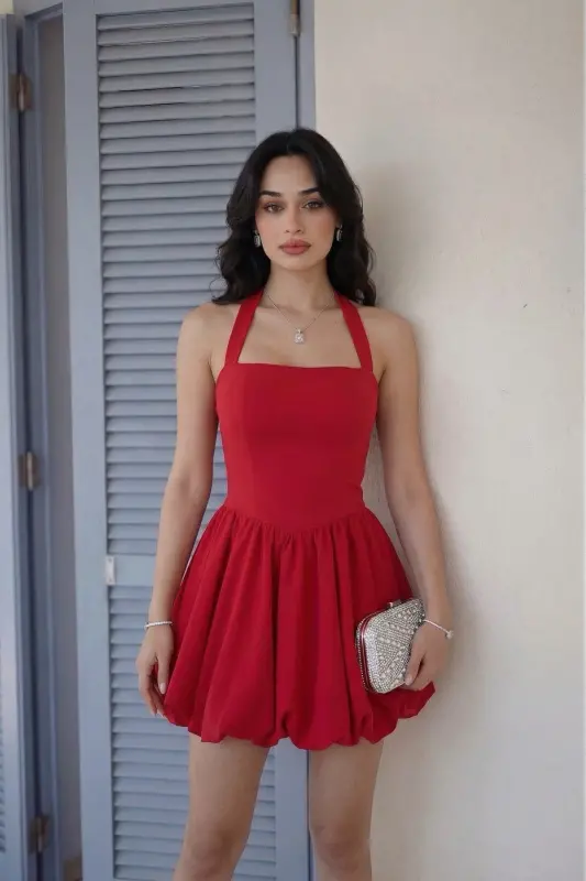 Kadın Abiye Fırfır Etekli Boyundan Askılı Mini Elbise - Abiye & Mezuniyet Elbisesi-Kırmızı - 4