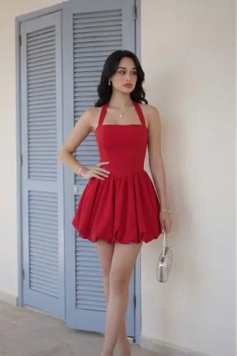 Kadın Abiye Fırfır Etekli Boyundan Askılı Mini Elbise - Abiye & Mezuniyet Elbisesi-Kırmızı - 5