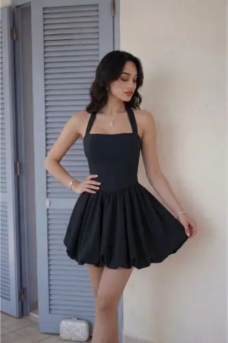 Kadın Abiye Fırfır Etekli Boyundan Askılı Mini Elbise - Abiye & Mezuniyet Elbisesi - Siyaahh - ALFUDO MODA COLLECTION (1)