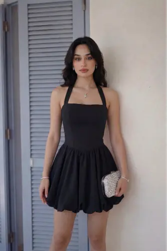 Kadın Abiye Fırfır Etekli Boyundan Askılı Mini Elbise - Abiye & Mezuniyet Elbisesi - Siyaahh - 3