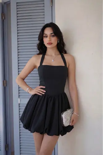 Kadın Abiye Fırfır Etekli Boyundan Askılı Mini Elbise - Abiye & Mezuniyet Elbisesi-Siyaahh - 1