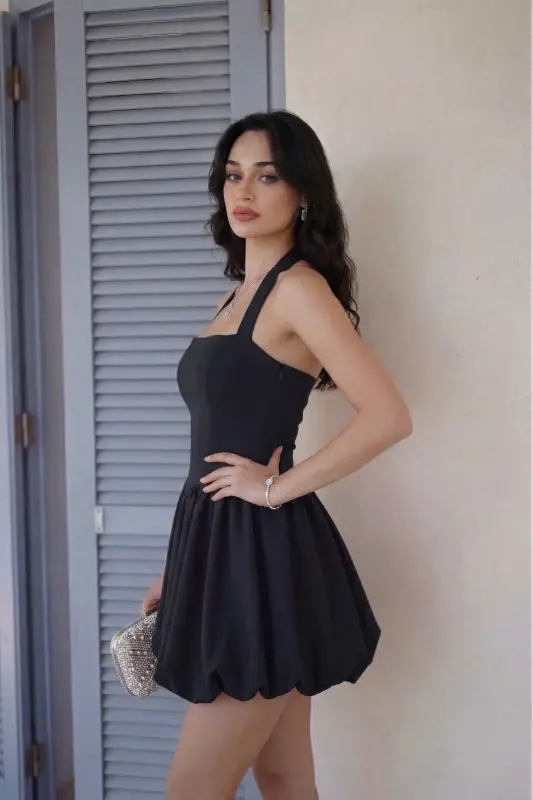 Kadın Abiye Fırfır Etekli Boyundan Askılı Mini Elbise - Abiye & Mezuniyet Elbisesi-Siyaahh - 4