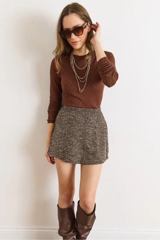 Kadın Acı Kahve Baklava Desenli Mevsimlik Triko Bluz BLZ-19002885-Acı Kahve - 2