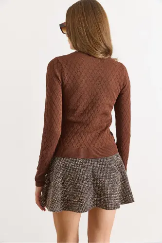 Kadın Acı Kahve Baklava Desenli Mevsimlik Triko Bluz BLZ-19002885-Acı Kahve - 3