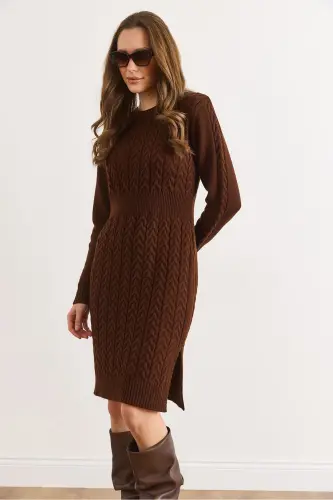 Kadın Acı Kahve Beli Bantlı Yırtmaçlı Saç Örgü Mini Elbise ELB-19002289-Acı Kahve - 3