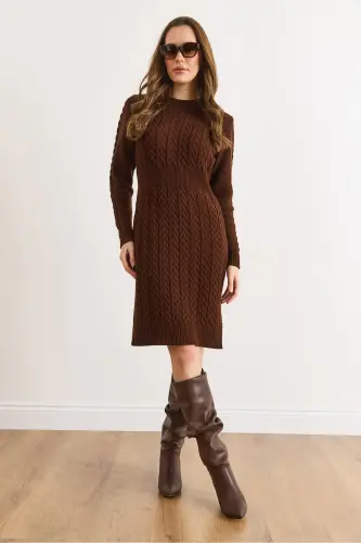 Kadın Acı Kahve Beli Bantlı Yırtmaçlı Saç Örgü Mini Elbise ELB-19002289-Acı Kahve - 2