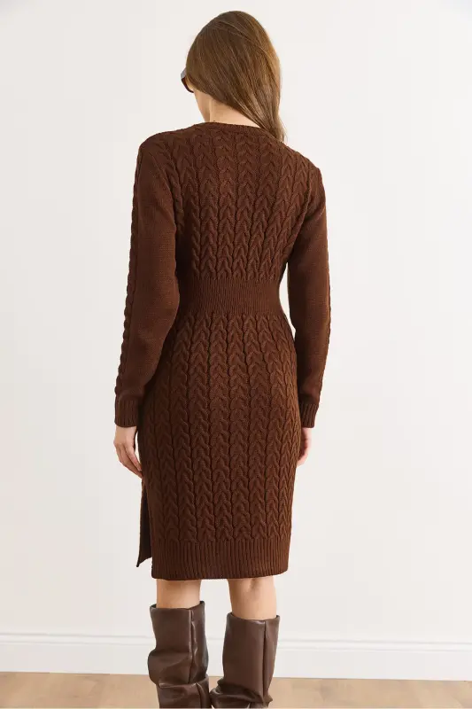 Kadın Acı Kahve Beli Bantlı Yırtmaçlı Saç Örgü Mini Elbise ELB-19002289-Acı Kahve - 4