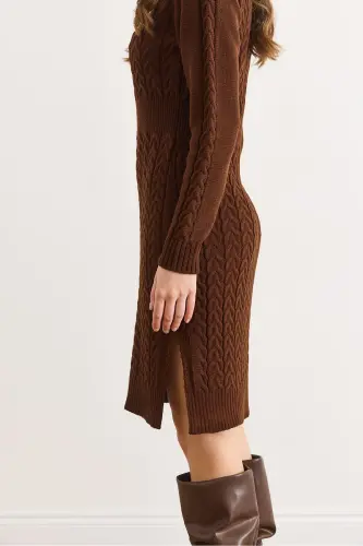 Kadın Acı Kahve Beli Bantlı Yırtmaçlı Saç Örgü Mini Elbise ELB-19002289-Acı Kahve - 5