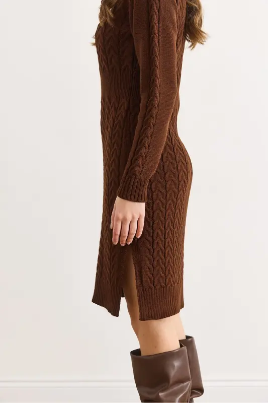 Kadın Acı Kahve Beli Bantlı Yırtmaçlı Saç Örgü Mini Elbise ELB-19002289-Acı Kahve - 5