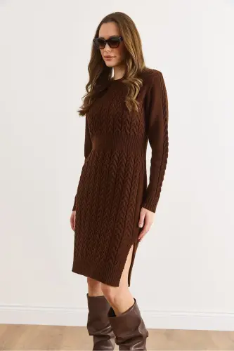 Kadın Acı Kahve Beli Bantlı Yırtmaçlı Saç Örgü Mini Elbise ELB-19002289-Acı Kahve - 6