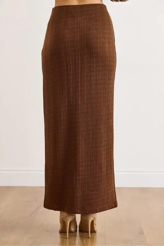 Kadın Acı Kahve Beli Lastikli Düğmeli Yırtmaçlı Uzun Etek ETK-19000293-Acı Kahve - 2