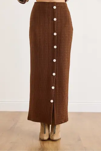 Kadın Acı Kahve Beli Lastikli Düğmeli Yırtmaçlı Uzun Etek ETK-19000293-Acı Kahve - 3