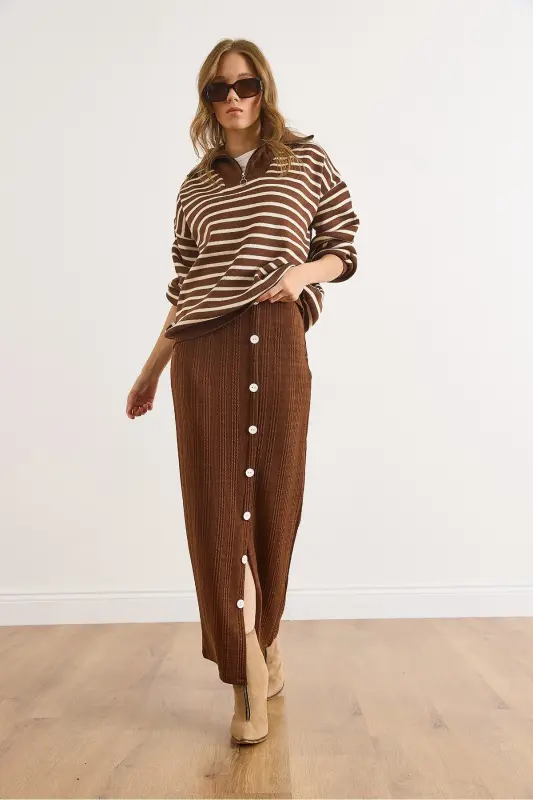 Kadın Acı Kahve Beli Lastikli Düğmeli Yırtmaçlı Uzun Etek ETK-19000293-Acı Kahve - 6