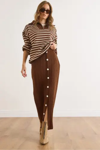 Kadın Acı Kahve Beli Lastikli Düğmeli Yırtmaçlı Uzun Etek ETK-19000293-Acı Kahve - 1