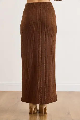 Kadın Acı Kahve Beli Lastikli Düğmeli Yırtmaçlı Uzun Etek ETK-19000293-Acı Kahve - OLALOOK (1)
