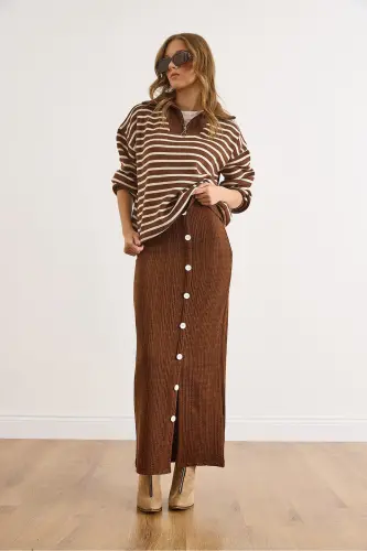 Kadın Acı Kahve Beli Lastikli Düğmeli Yırtmaçlı Uzun Etek ETK-19000293-Acı Kahve - 4