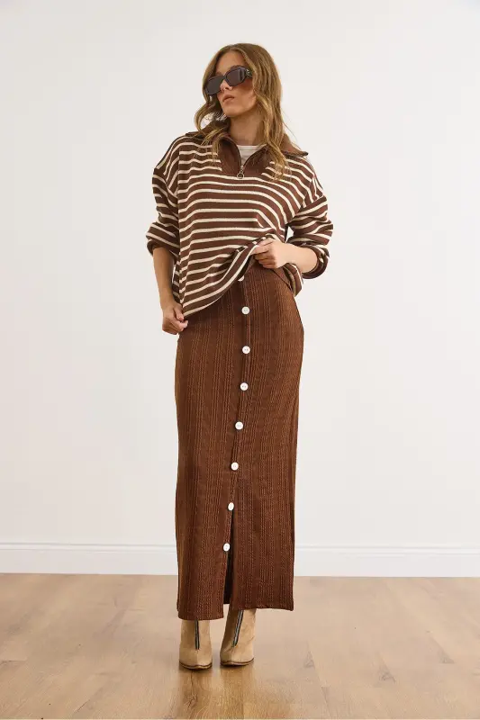 Kadın Acı Kahve Beli Lastikli Düğmeli Yırtmaçlı Uzun Etek ETK-19000293-Acı Kahve - 4