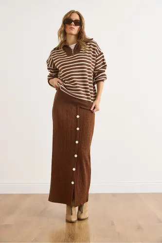 Kadın Acı Kahve Beli Lastikli Düğmeli Yırtmaçlı Uzun Etek ETK-19000293-Acı Kahve - 5