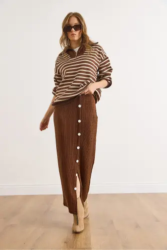 Kadın Acı Kahve Beli Lastikli Düğmeli Yırtmaçlı Uzun Etek ETK-19000293-Acı Kahve - 6