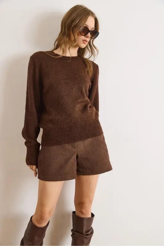 Kadın Acı Kahve Bisiklet Yaka Yumuşak Dokulu Basic Triko Kazak KZK-19000845-Acı Kahve - 5