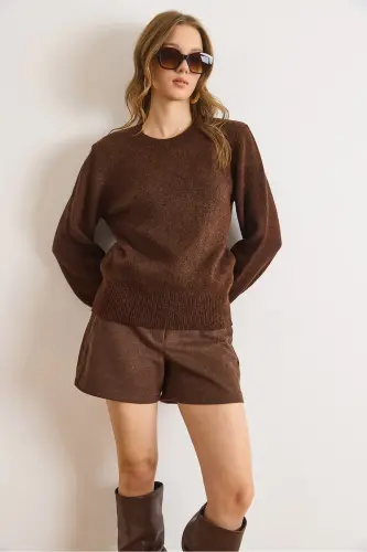 Kadın Acı Kahve Bisiklet Yaka Yumuşak Dokulu Basic Triko Kazak KZK-19000845-Acı Kahve - OLALOOK (1)