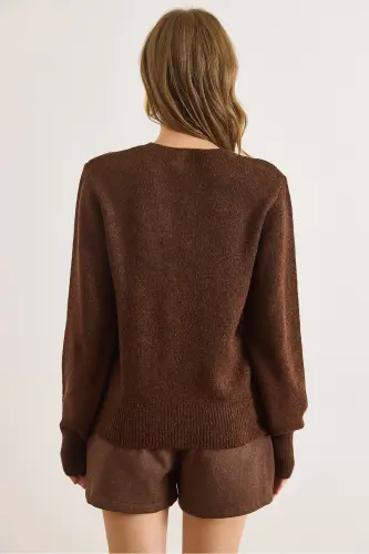 Kadın Acı Kahve Bisiklet Yaka Yumuşak Dokulu Basic Triko Kazak KZK-19000845-Acı Kahve - 3