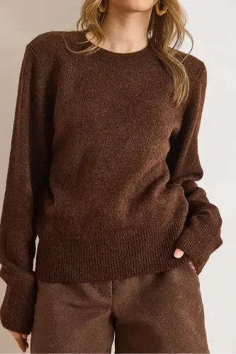 Kadın Acı Kahve Bisiklet Yaka Yumuşak Dokulu Basic Triko Kazak KZK-19000845-Acı Kahve - 4