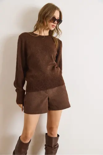 Kadın Acı Kahve Bisiklet Yaka Yumuşak Dokulu Basic Triko Kazak KZK-19000845-Acı Kahve - 5