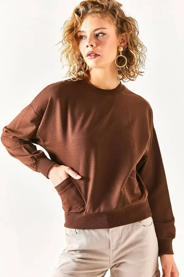 Kadın Acı Kahve Cep Detaylı Yumuşak Dokulu Sweatshirt SWT-19000616-Acı Kahve - 2