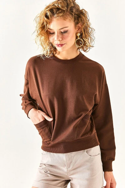 Kadın Acı Kahve Cep Detaylı Yumuşak Dokulu Sweatshirt SWT-19000616-Acı Kahve - 4