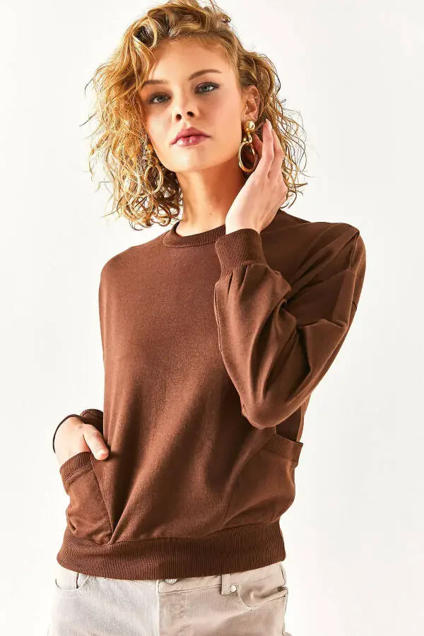 Kadın Acı Kahve Cep Detaylı Yumuşak Dokulu Sweatshirt SWT-19000616-Acı Kahve - 5