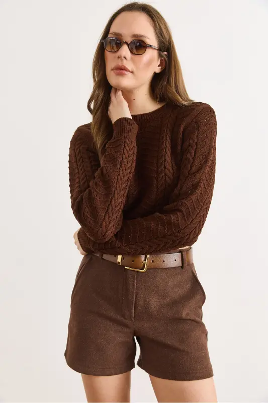 Kadın Acı Kahve Dalga Örgüllü Crop Triko Kazak KZK-19000822-Acı Kahve - 4