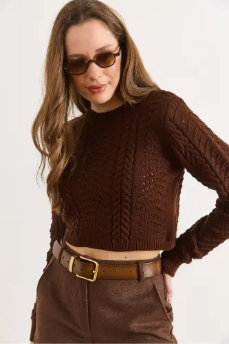 Kadın Acı Kahve Dalga Örgüllü Crop Triko Kazak KZK-19000822-Acı Kahve - 5